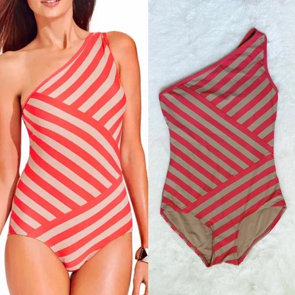 DKNY 8 One Shoulder Striped One Piece Swimsuit • Coral Nude Stripe • D63313 - Picture 7 of 10